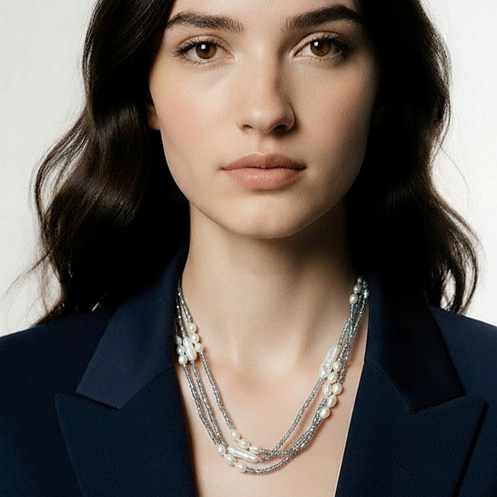White Biwa Pearl Swarovski Crystal long / short necklace
